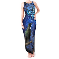 New Zealand Tui Bird Matariki Tank Maxi Dress Maori New Year with Galaxy Fern LT03 Women Blue - Polynesian Pride