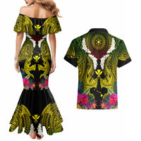 Hawaii Kanaka Maoli Couples Matching Mermaid Dress and Hawaiian Shirt Double Shark and Hibiscus Flowers