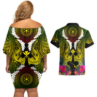 Hawaii Kanaka Maoli Couples Matching Off Shoulder Short Dress and Hawaiian Shirt Double Shark and Hibiscus Flowers LT03 - Polynesian Pride