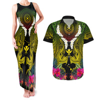 Hawaii Kanaka Maoli Couples Matching Tank Maxi Dress and Hawaiian Shirt Double Shark and Hibiscus Flowers