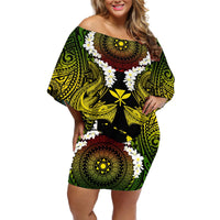 Hawaii Kanaka Maoli Off Shoulder Short Dress Double Shark and Hibiscus Flowers LT03 Women Black - Polynesian Pride