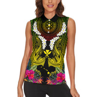 Hawaii Kanaka Maoli Women Sleeveless Polo Shirt Double Shark and Hibiscus Flowers