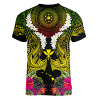 Hawaii Kanaka Maoli Women V-Neck T-Shirt Double Shark and Hibiscus Flowers