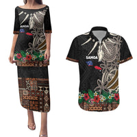 Samoa Siapo Polynesian Art Couples Matching Puletasi and Hawaiian Shirt Tropical Flowers and Tatau Pattern Brown LT03 Brown - Polynesian Pride