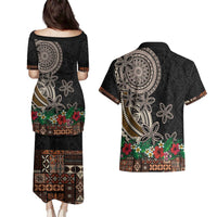 Samoa Siapo Polynesian Art Couples Matching Puletasi and Hawaiian Shirt Tropical Flowers and Tatau Pattern Brown LT03 - Polynesian Pride