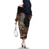 Samoa Siapo Polynesian Art Family Matching Off The Shoulder Long Sleeve Dress and Hawaiian Shirt Tropical Flowers and Tatau Pattern Brown