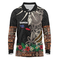 Samoa Siapo Polynesian Art Long Sleeve Polo Shirt Tropical Flowers and Tatau Pattern Brown