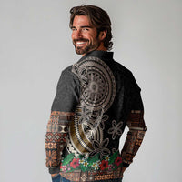 Samoa Siapo Polynesian Art Long Sleeve Polo Shirt Tropical Flowers and Tatau Pattern Brown