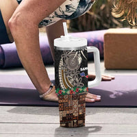 Samoa Siapo Polynesian Art Tumbler With Handle Tropical Flowers and Tatau Pattern Brown
