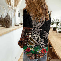 Samoa Siapo Polynesian Art Women Casual Shirt Tropical Flowers and Tatau Pattern Brown