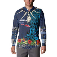 Samoa Siapo Polynesian Art Button Sweatshirt Tropical Flowers and Tatau Pattern Navy LT03 - Polynesian Pride