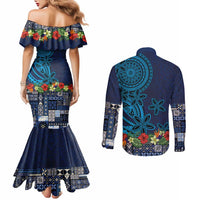 Samoa Siapo Polynesian Art Couples Matching Mermaid Dress and Long Sleeve Button Shirt Tropical Flowers and Tatau Pattern Navy LT03 - Polynesian Pride