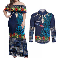 Samoa Siapo Polynesian Art Couples Matching Off Shoulder Maxi Dress and Long Sleeve Button Shirt Tropical Flowers and Tatau Pattern Navy LT03 Navy - Polynesian Pride