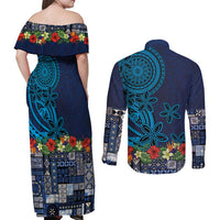 Samoa Siapo Polynesian Art Couples Matching Off Shoulder Maxi Dress and Long Sleeve Button Shirt Tropical Flowers and Tatau Pattern Navy LT03 - Polynesian Pride