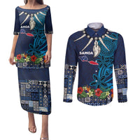 Samoa Siapo Polynesian Art Couples Matching Puletasi and Long Sleeve Button Shirt Tropical Flowers and Tatau Pattern Navy LT03 Navy - Polynesian Pride