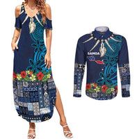 Samoa Siapo Polynesian Art Couples Matching Summer Maxi Dress and Long Sleeve Button Shirt Tropical Flowers and Tatau Pattern Navy LT03 Navy - Polynesian Pride