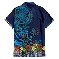 Samoa Siapo Polynesian Art Family Matching Off Shoulder Maxi Dress and Hawaiian Shirt Tropical Flowers and Tatau Pattern Navy