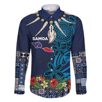 Samoa Siapo Polynesian Art Family Matching Off Shoulder Maxi Dress and Hawaiian Shirt Tropical Flowers and Tatau Pattern Navy