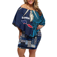 Samoa Siapo Polynesian Art Family Matching Off Shoulder Short Dress and Hawaiian Shirt Tropical Flowers and Tatau Pattern Navy