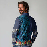 Samoa Siapo Polynesian Art Long Sleeve Polo Shirt Tropical Flowers and Tatau Pattern Navy