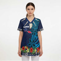 Samoa Siapo Polynesian Art Scrub Top Tropical Flowers and Tatau Pattern Navy LT03 - Polynesian Pride