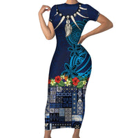 Samoa Siapo Polynesian Art Short Sleeve Bodycon Dress Tropical Flowers and Tatau Pattern Navy