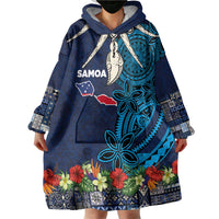 Samoa Siapo Polynesian Art Wearable Blanket Hoodie Tropical Flowers and Tatau Pattern Navy LT03 - Polynesian Pride