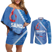 Samoa Independence Day Couples Matching Off Shoulder Short Dress and Long Sleeve Button Shirt Anniversary 63th-Siapo Art LT03 Blue - Polynesian Pride