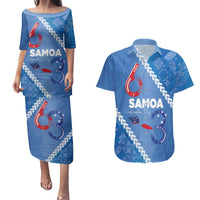 Samoa Independence Day Couples Matching Puletasi and Hawaiian Shirt Anniversary 63th-Siapo Art LT03 Blue - Polynesian Pride