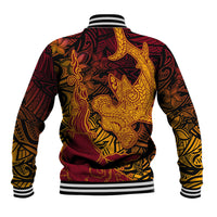 Hawaiian Volcano and Shark Baseball Jacket Polynesian and Hibiscus Pattern Lava Color