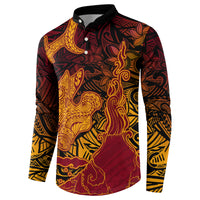 Hawaiian Volcano and Shark Button Sweatshirt Polynesian and Hibiscus Pattern Lava Color