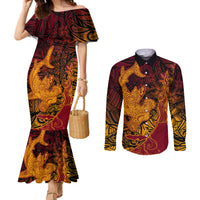 Hawaiian Volcano and Shark Couples Matching Mermaid Dress and Long Sleeve Button Shirt Polynesian and Hibiscus Pattern Lava Color LT03 Red - Polynesian Pride