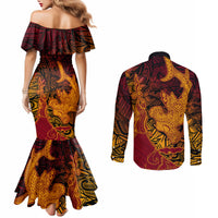 Hawaiian Volcano and Shark Couples Matching Mermaid Dress and Long Sleeve Button Shirt Polynesian and Hibiscus Pattern Lava Color LT03 - Polynesian Pride