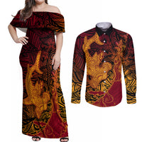 Hawaiian Volcano and Shark Couples Matching Off Shoulder Maxi Dress and Long Sleeve Button Shirt Polynesian and Hibiscus Pattern Lava Color