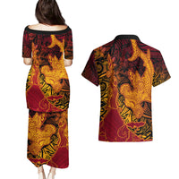 Hawaiian Volcano and Shark Couples Matching Puletasi and Hawaiian Shirt Polynesian and Hibiscus Pattern Lava Color
