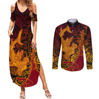 Hawaiian Volcano and Shark Couples Matching Summer Maxi Dress and Long Sleeve Button Shirt Polynesian and Hibiscus Pattern Lava Color LT03 Red - Polynesian Pride