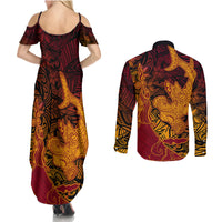 Hawaiian Volcano and Shark Couples Matching Summer Maxi Dress and Long Sleeve Button Shirt Polynesian and Hibiscus Pattern Lava Color LT03 - Polynesian Pride