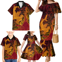 Hawaiian Volcano and Shark Family Matching Mermaid Dress and Hawaiian Shirt Polynesian and Hibiscus Pattern Lava Color