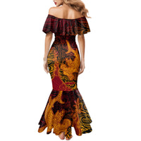 Hawaiian Volcano and Shark Family Matching Mermaid Dress and Hawaiian Shirt Polynesian and Hibiscus Pattern Lava Color