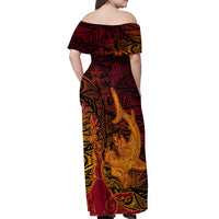 Hawaiian Volcano and Shark Off Shoulder Maxi Dress Polynesian and Hibiscus Pattern Lava Color