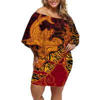 Hawaiian Volcano and Shark Off Shoulder Short Dress Polynesian and Hibiscus Pattern Lava Color LT03 Women Red - Polynesian Pride