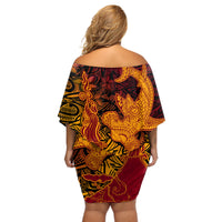 Hawaiian Volcano and Shark Off Shoulder Short Dress Polynesian and Hibiscus Pattern Lava Color LT03 - Polynesian Pride