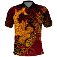 Hawaiian Volcano and Shark Polo Shirt Polynesian and Hibiscus Pattern Lava Color