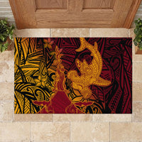 Hawaiian Volcano and Shark Rubber Doormat Polynesian and Hibiscus Pattern Lava Color