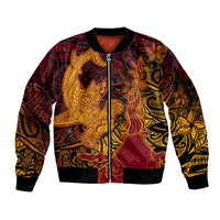 Hawaiian Volcano and Shark Sleeve Zip Bomber Jacket Polynesian and Hibiscus Pattern Lava Color LT03 Unisex Red - Polynesian Pride