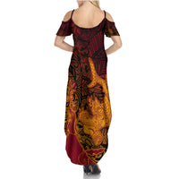 Hawaiian Volcano and Shark Summer Maxi Dress Polynesian and Hibiscus Pattern Lava Color LT03 - Polynesian Pride