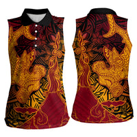 Hawaiian Volcano and Shark Women Sleeveless Polo Shirt Polynesian and Hibiscus Pattern Lava Color