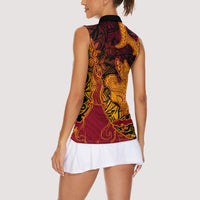 Hawaiian Volcano and Shark Women Sleeveless Polo Shirt Polynesian and Hibiscus Pattern Lava Color