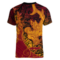 Hawaiian Volcano and Shark Women V-Neck T-Shirt Polynesian and Hibiscus Pattern Lava Color