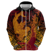 Hawaiian Volcano and Shark Zip Hoodie Polynesian and Hibiscus Pattern Lava Color